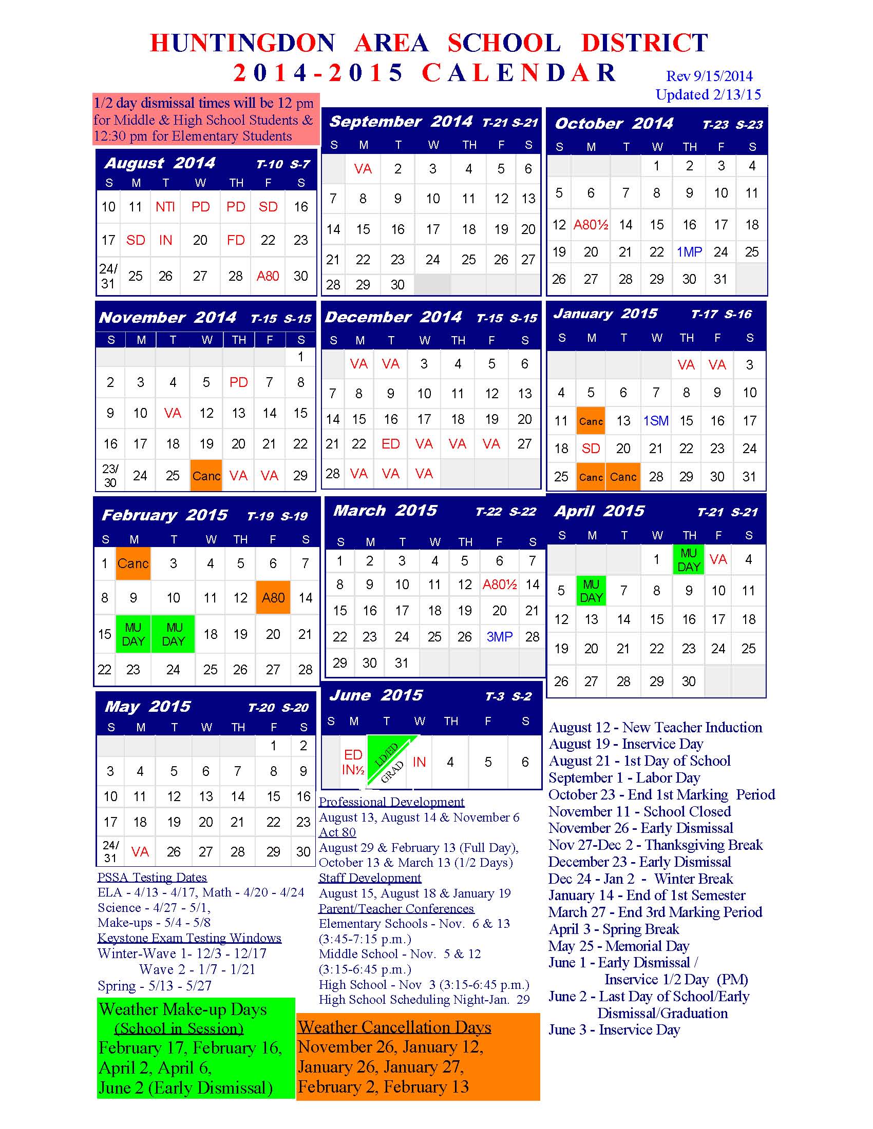 District Calendar Huntingdon Area School District
