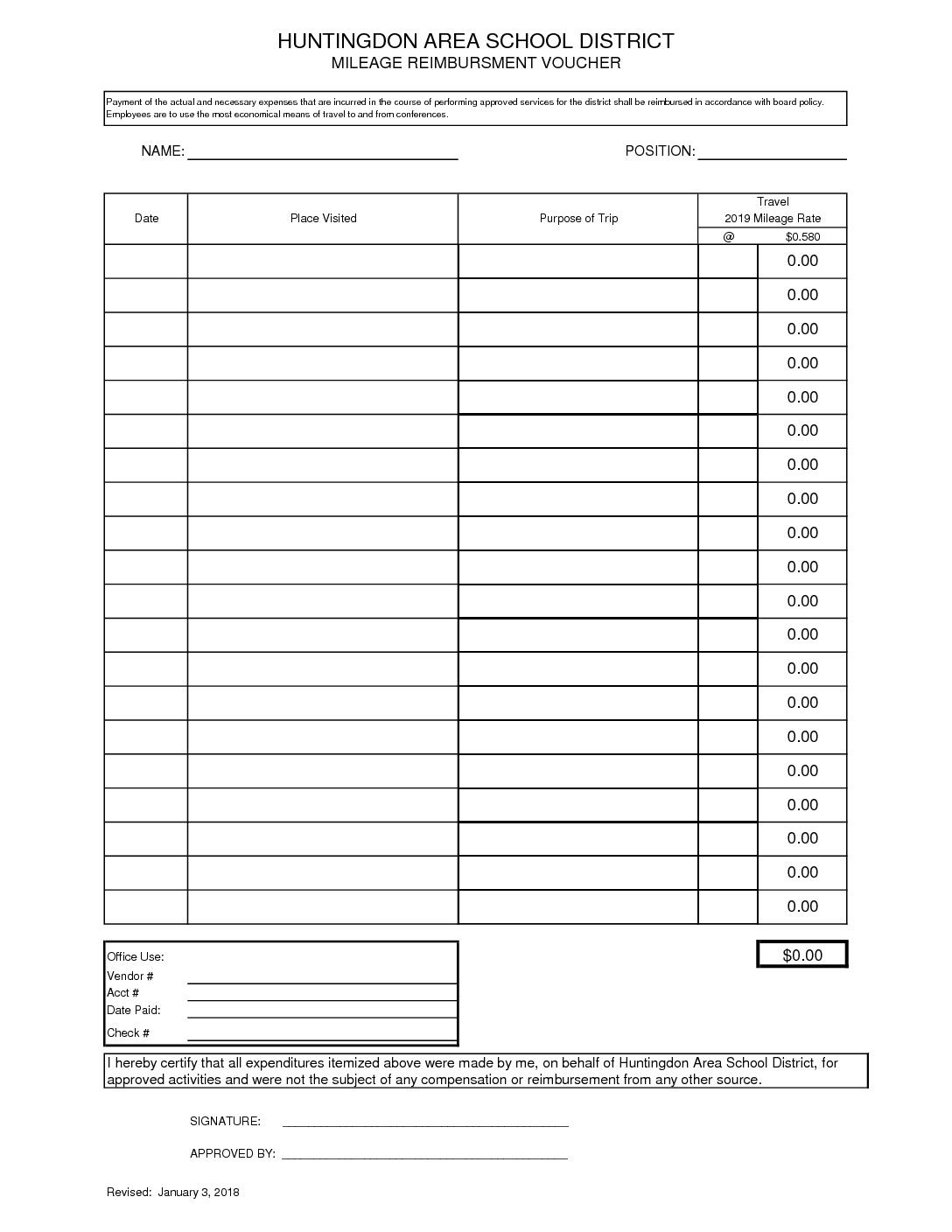 Expense Reimbursement Form Mileage Only 2019 – Huntingdon Area School District1088 x 1408