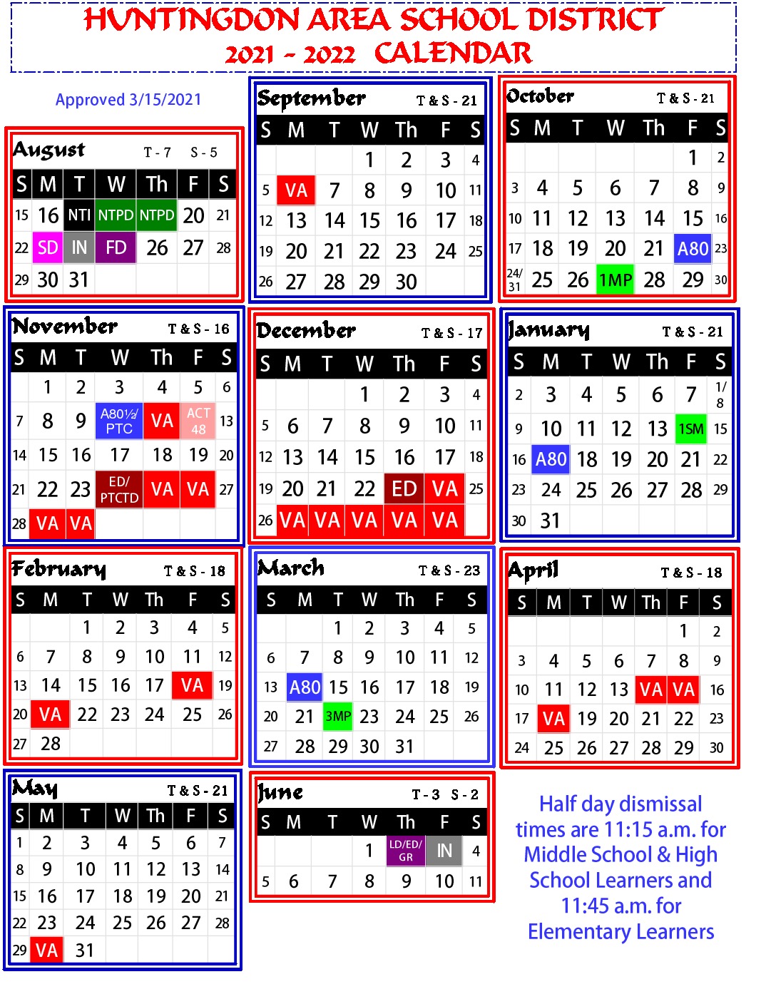 2122 School Calendar (1) (1) Huntingdon Area School District
