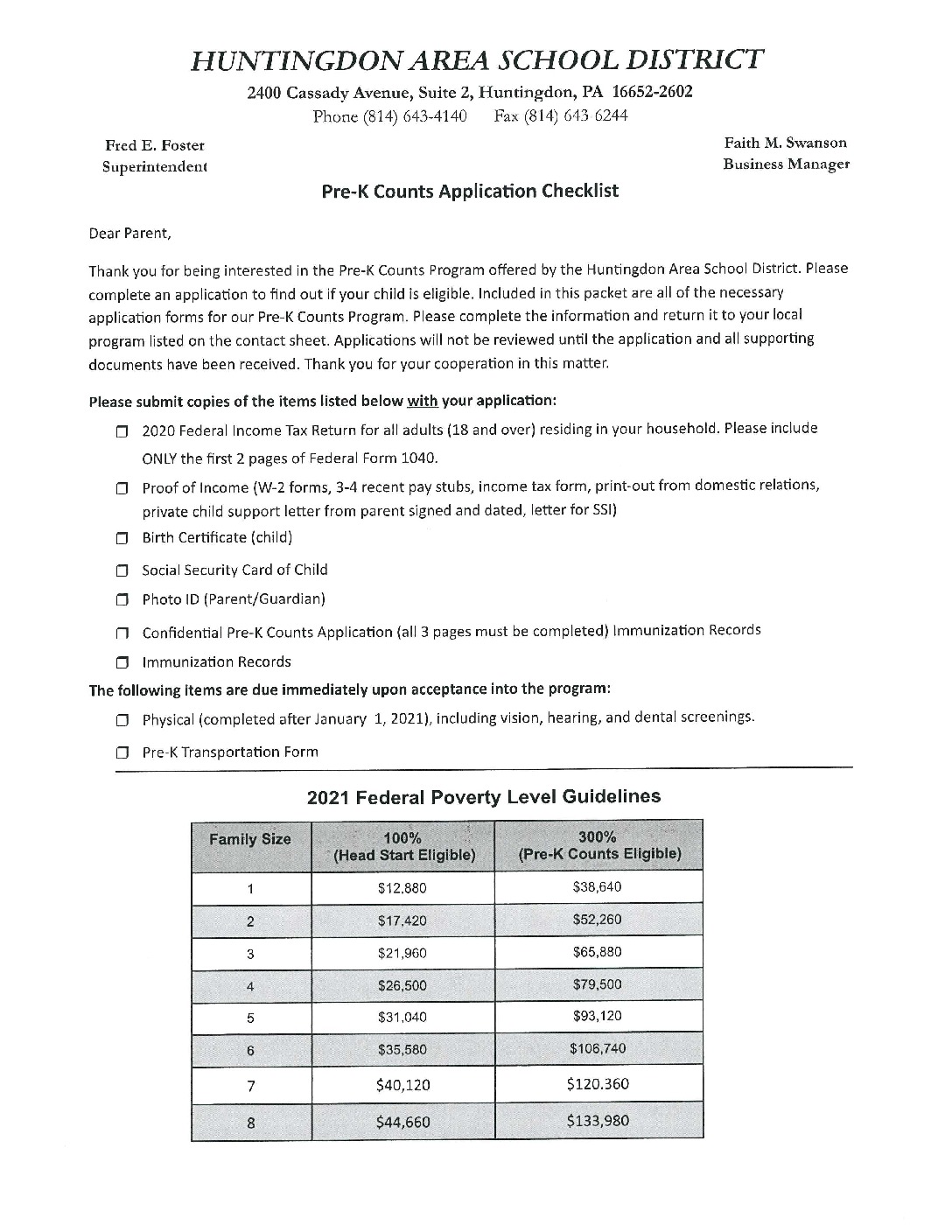 Pre K Counts Application Huntingdon Area School District