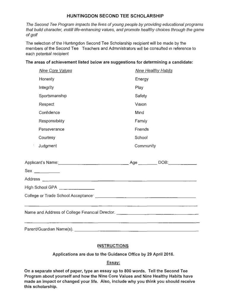 thumbnail of Huntingdon Second Tee Scholarship Application