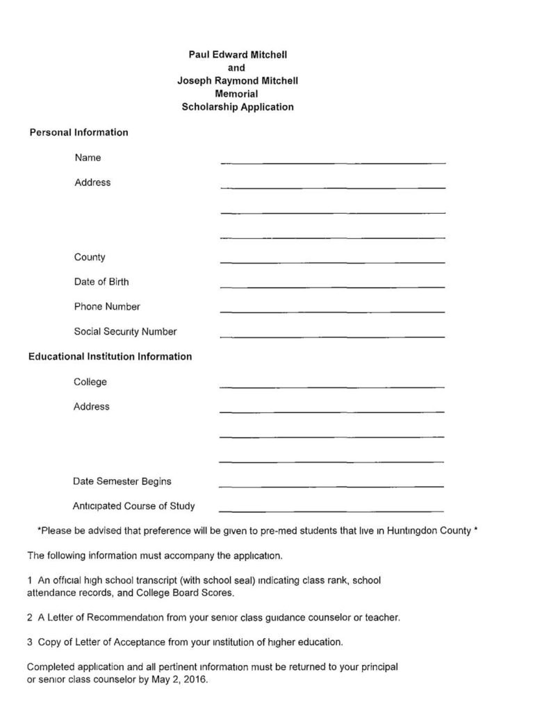 thumbnail of Paul Edward Mitchell and Joseph Raymond Mitchell Memorial Scholarship Application