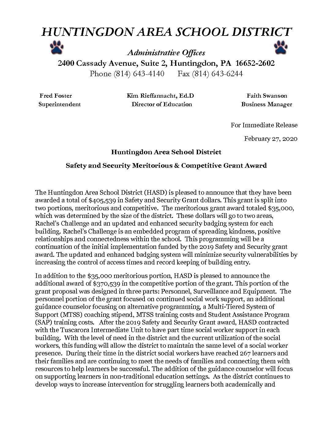 Safety and Security Grant Press Release Huntingdon Area School District