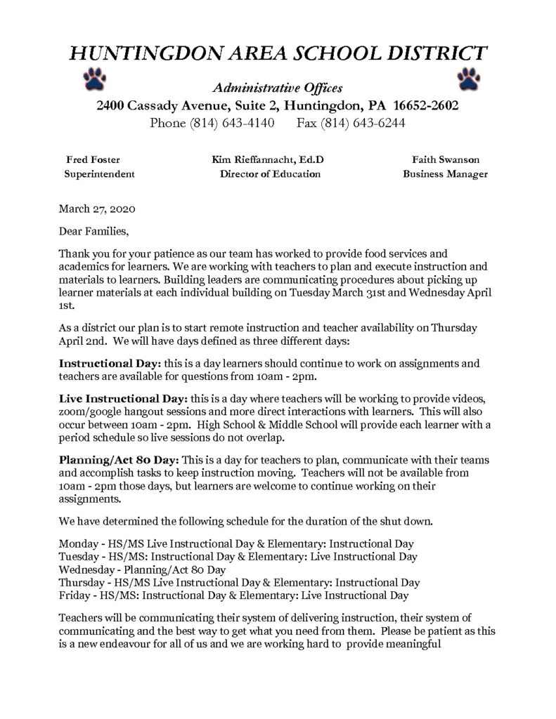 thumbnail of Academic Update to Families – District 20200327