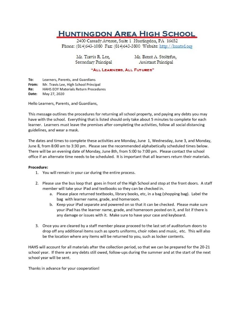 thumbnail of HAHS EOY Materials Return Procedure – Parent_Learner Update_ 5_27_20
