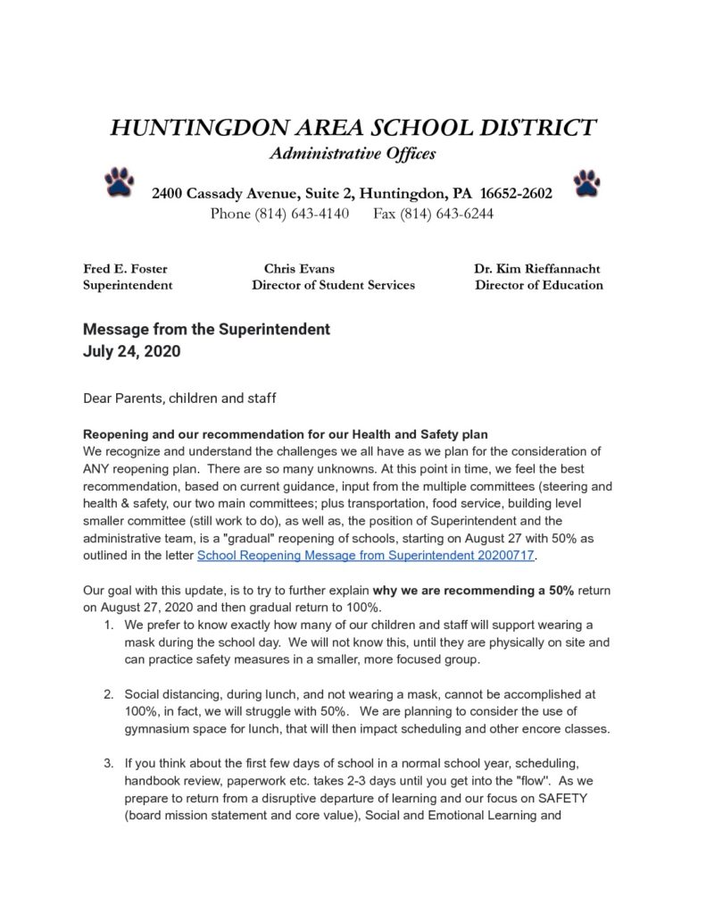 thumbnail of Message from the Superintendent July 24, 2020 – Google Docs