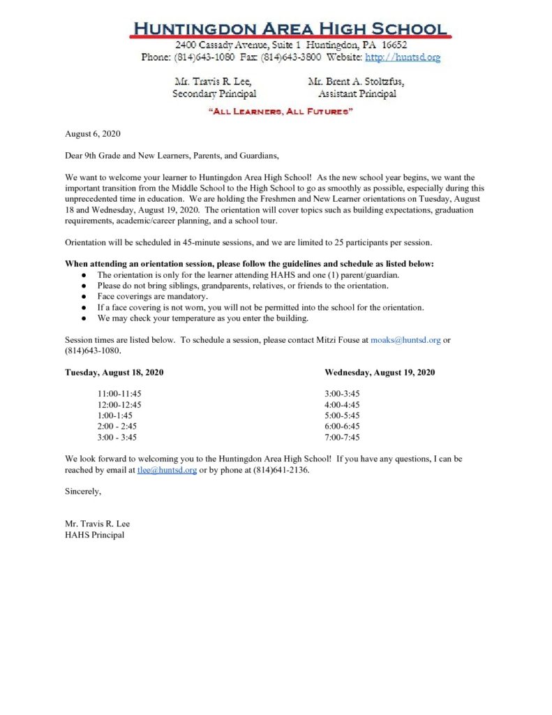 thumbnail of HAHS Freshmen and New Learner Orientation Letter_ 8_6_20