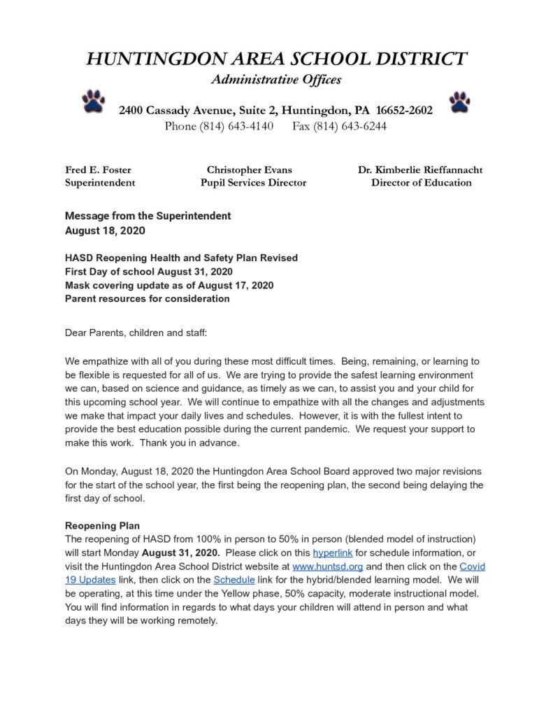 thumbnail of Message from the Superintendent August 18, 2020 – Google Docs