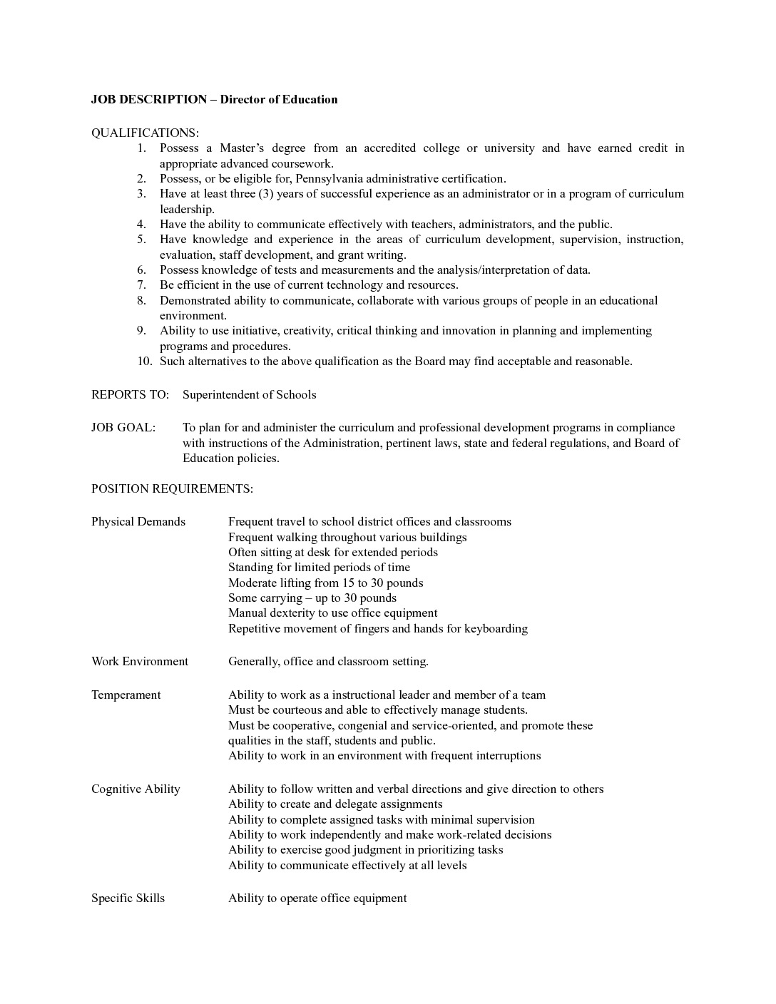 Department of education job description form