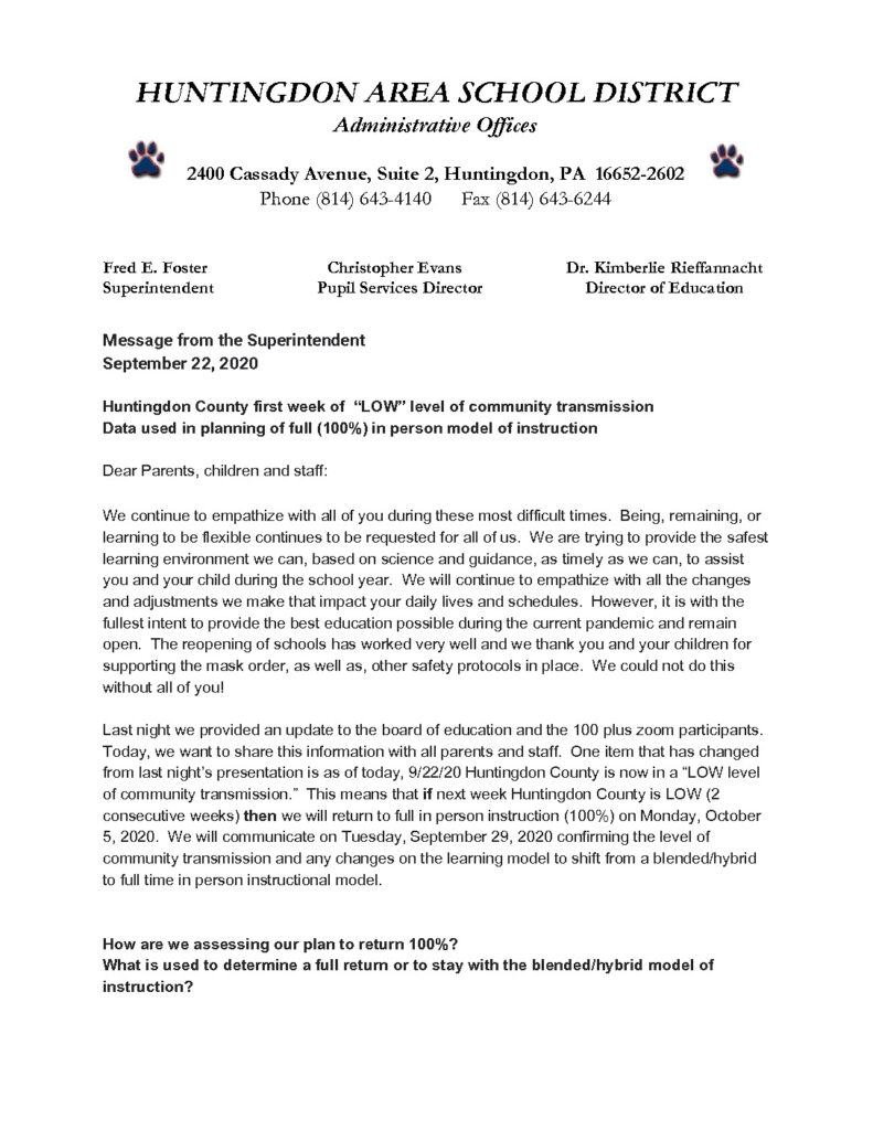 thumbnail of Superintendent Message – September 22, 2020