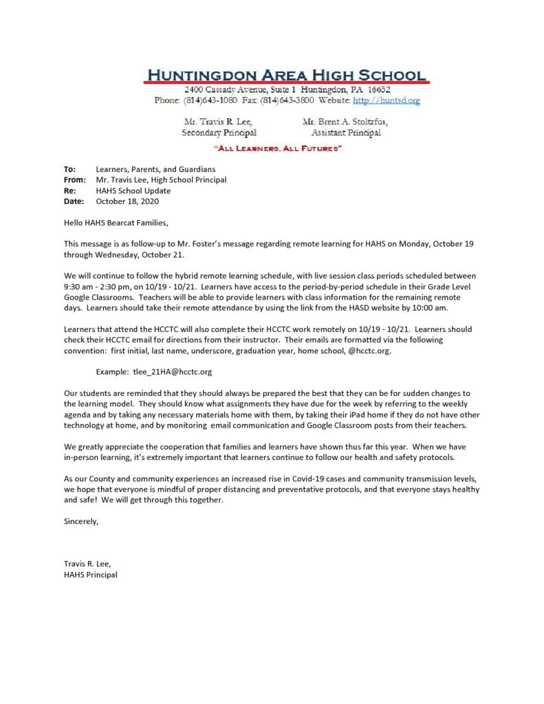 thumbnail of HAHS School Update Memo_ 10_18_20