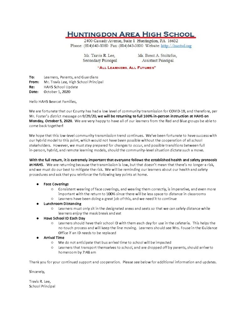 thumbnail of HAHS School Update Memo_ 10_1_20