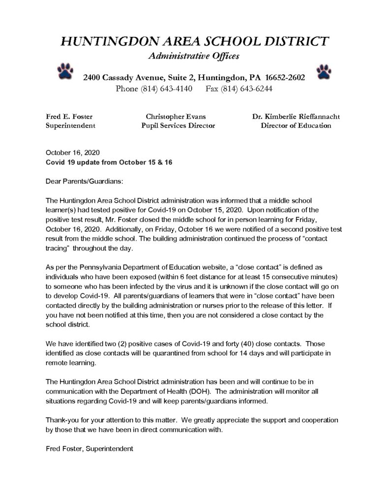 thumbnail of Message from the Superintendent October 16, 2020