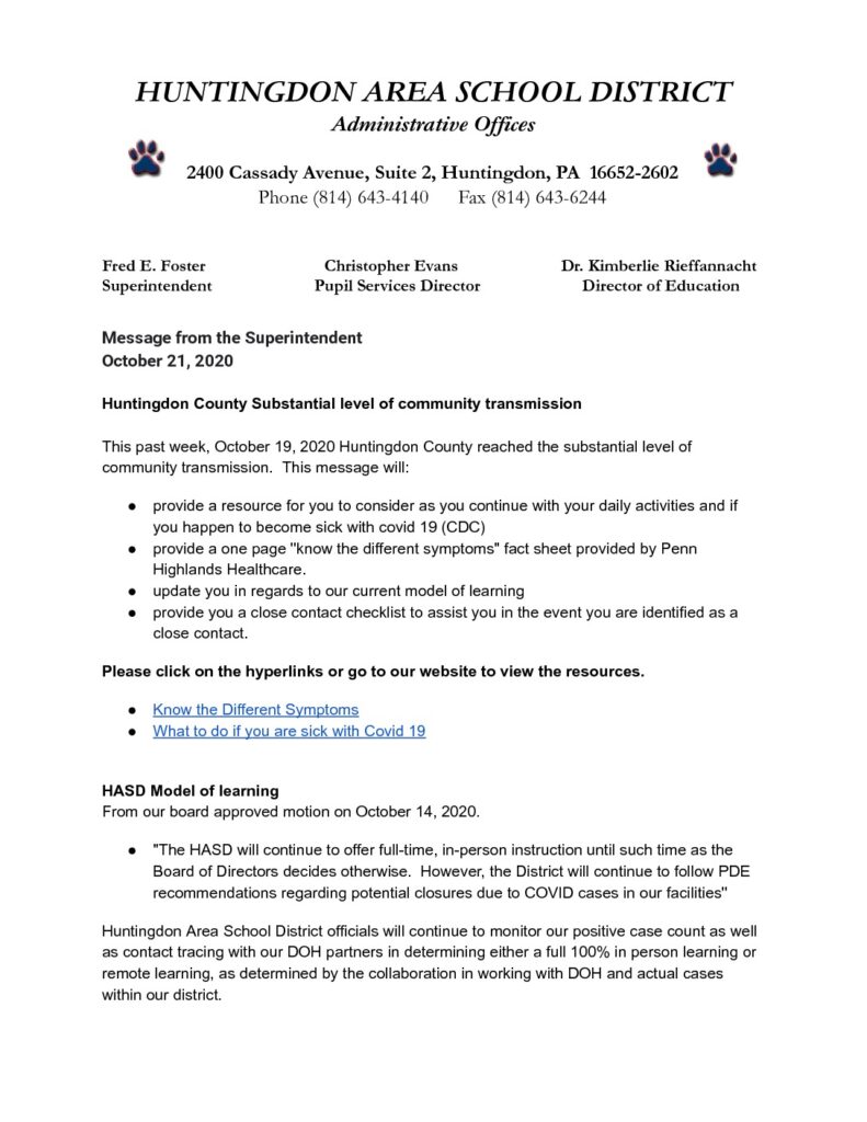thumbnail of Message from the Superintendent October 21, 2020 – Google Docs