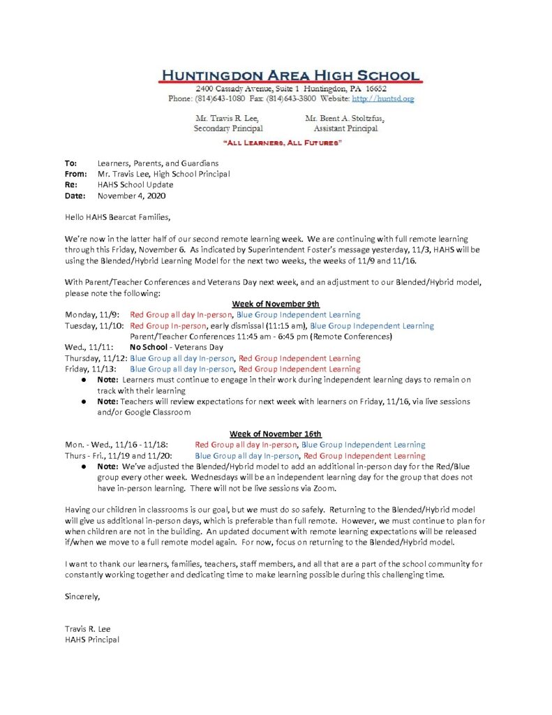 thumbnail of HAHS School Update Memo_ 11_4_20 (1)