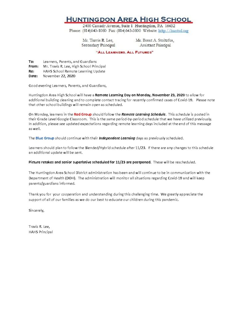 thumbnail of HAHS School Update_ Remote Learning for Monday, 11_23_20