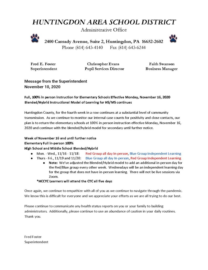 thumbnail of Message from the Superintendent – November 10, 2020
