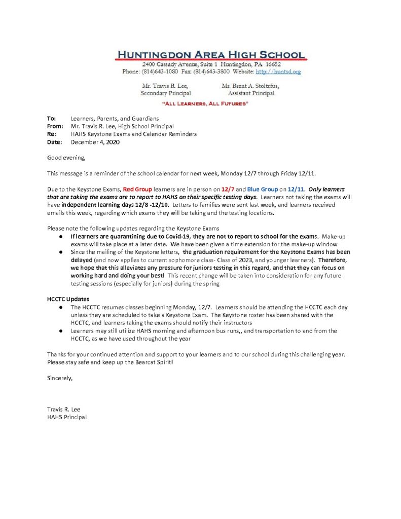 thumbnail of HAHS School Keystone Update Memo_ 12_4_20