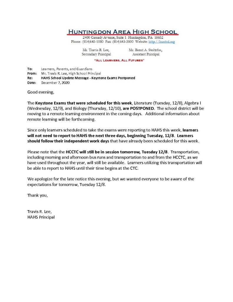 thumbnail of HAHS School Update Memo_ 12_7_20 – Keystone Exams Postponed