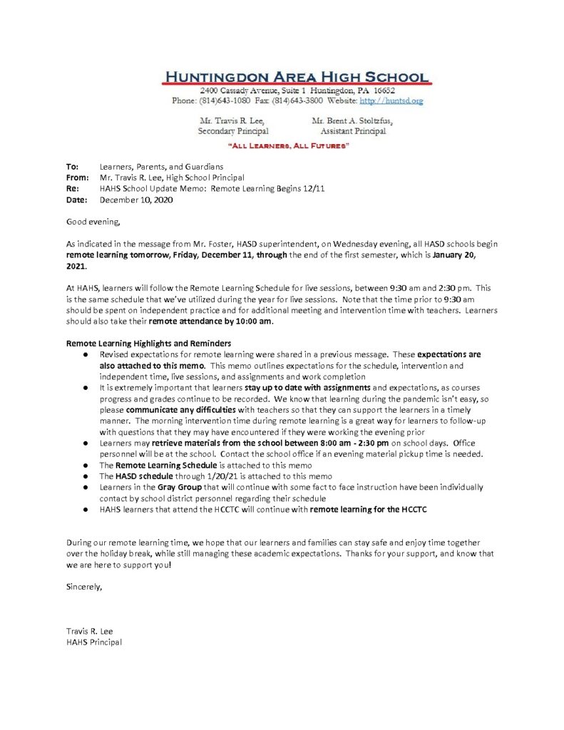 thumbnail of HAHS School Update Memo_ Remote Learning 12_10_20
