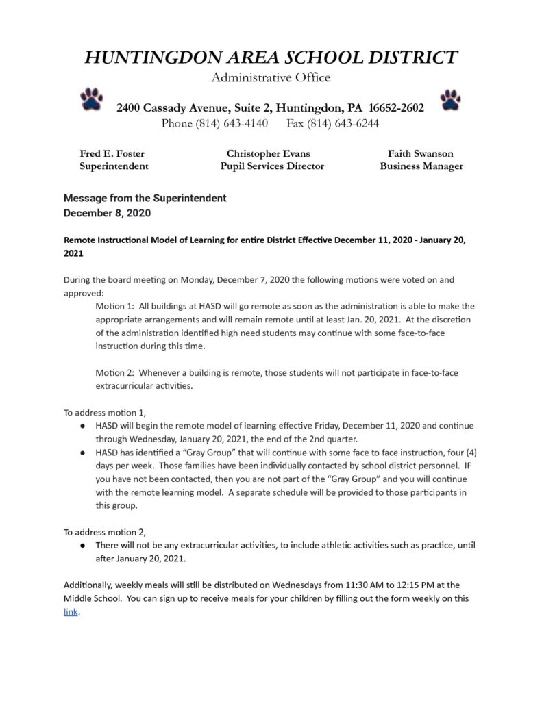 thumbnail of Message from the Superintendent December 8, 2020