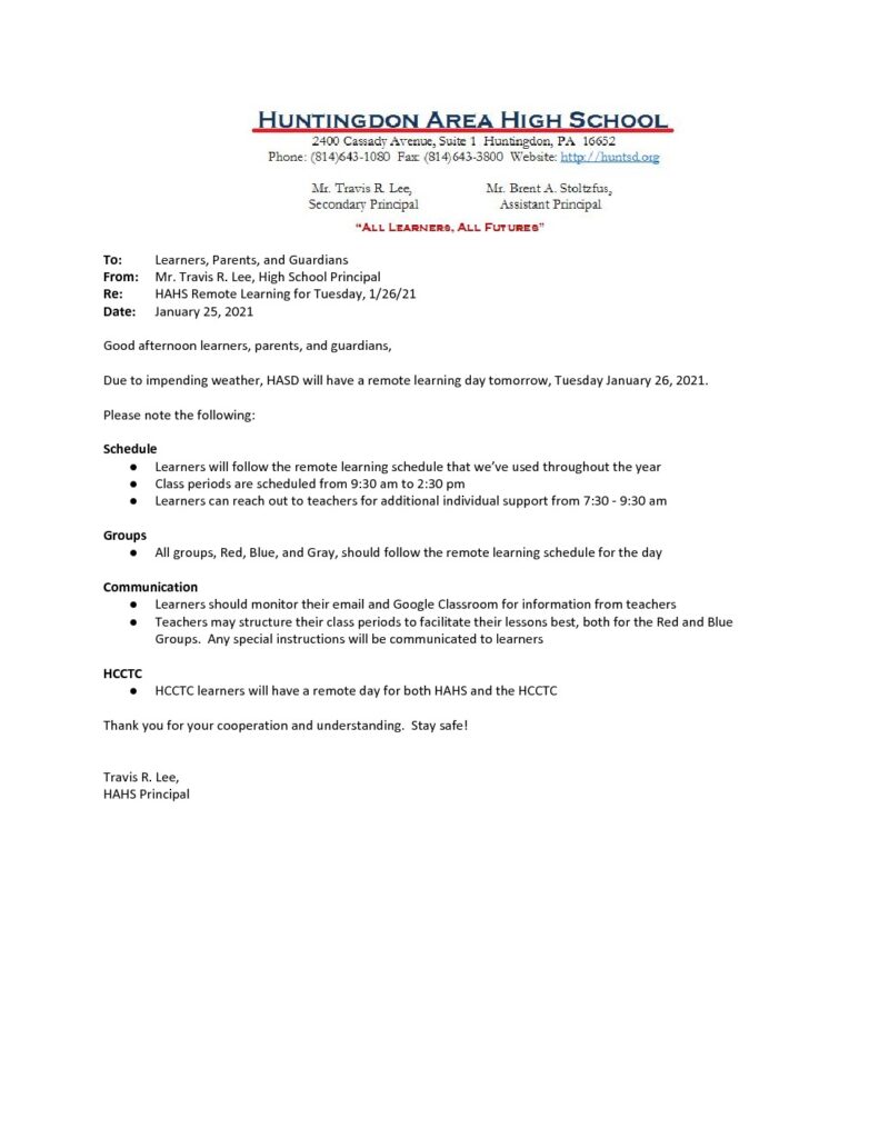 thumbnail of HAHS School Update Memo_ Remote Learning for 1_26_21