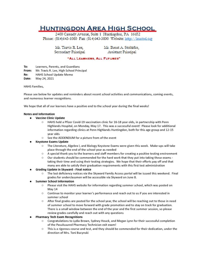 thumbnail of HAHS School Update Memo_ May 24, 2021