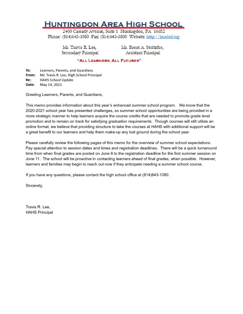 thumbnail of HAHS Summer School Information