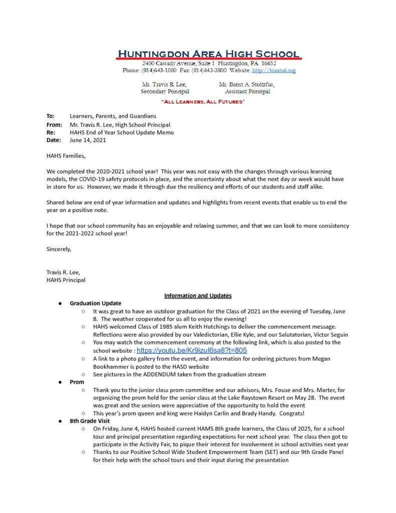 thumbnail of HAHS School EOY Update Memo_ June 14, 2021