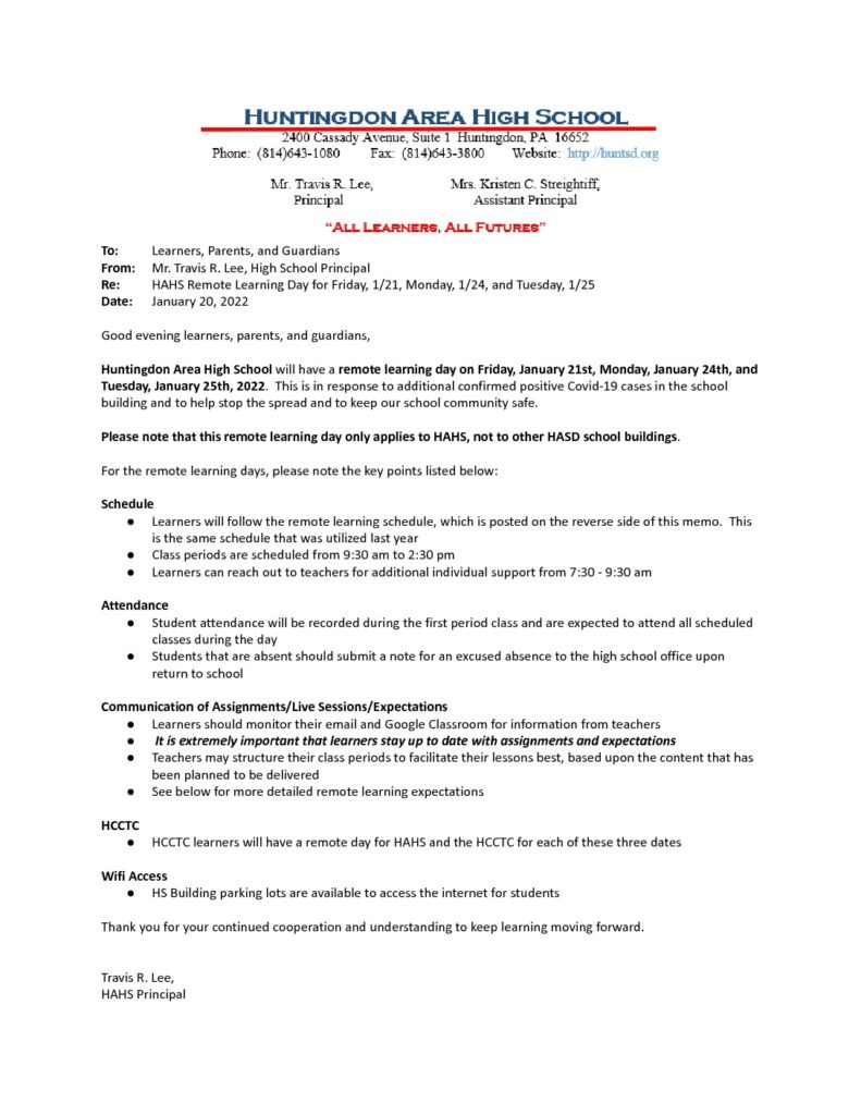 thumbnail of HAHS School Update Memo_ Remote Learning for 1_21, 1_24, and 1_25_22