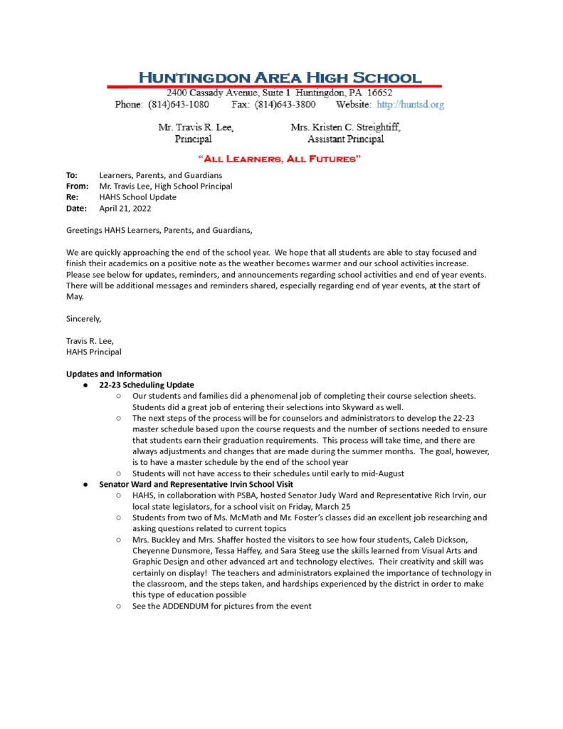 thumbnail of HAHS April 2022 Parent Update
