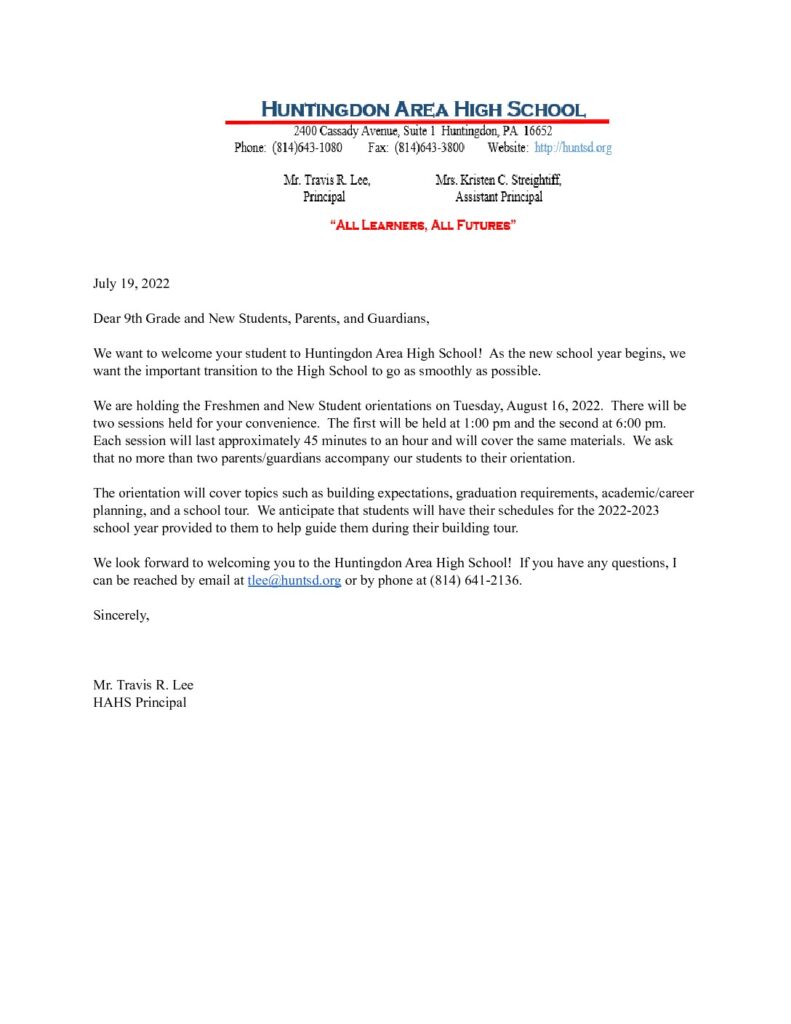 thumbnail of HAHS Freshmen and New Student Orientation Letter_ 7_19_22