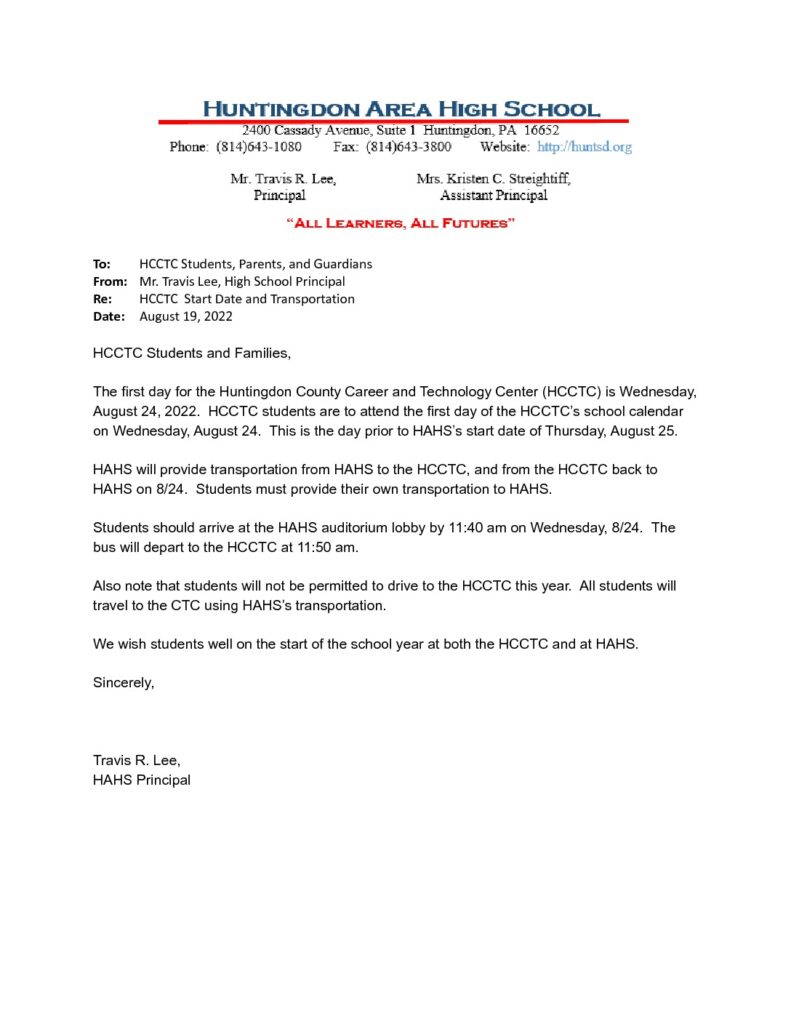 thumbnail of HCCTC Start Date and Transportation Update_ 8_19_22