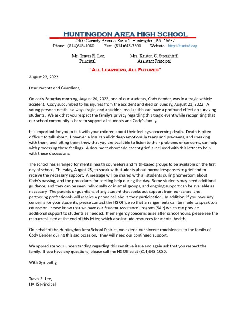 thumbnail of Parent_Guardian Notice – Student Death 8.22.22