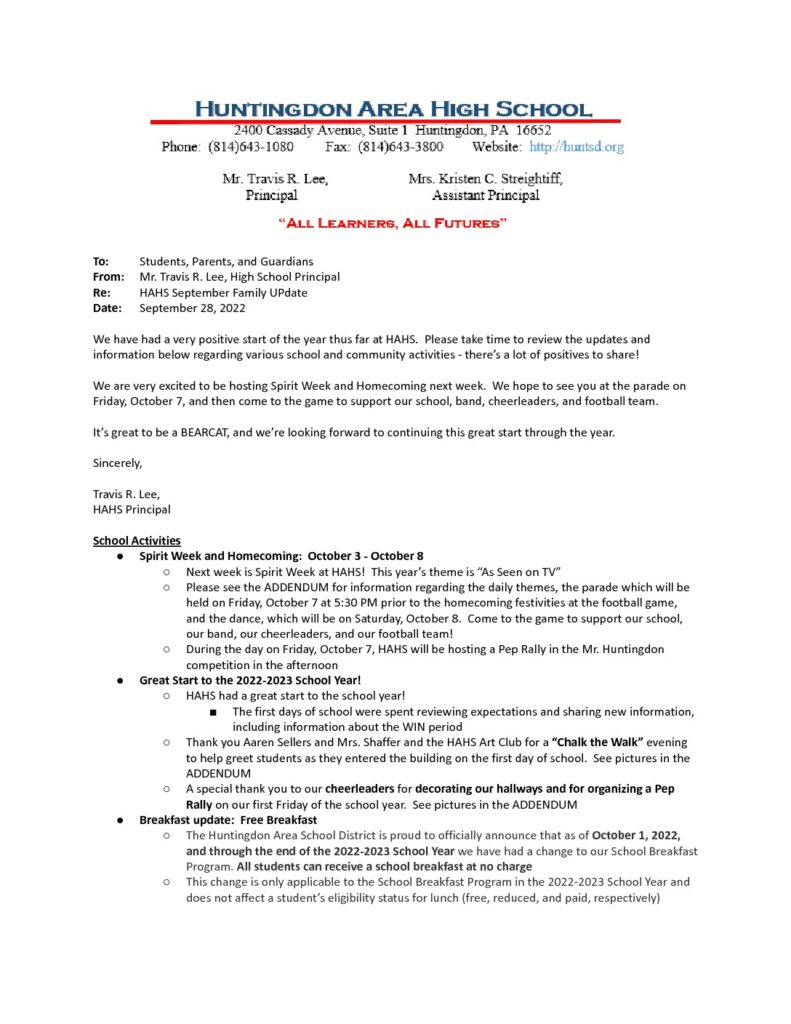thumbnail of September 2022 HAHS Parent Update_ 9_28_22 – 1 of 2