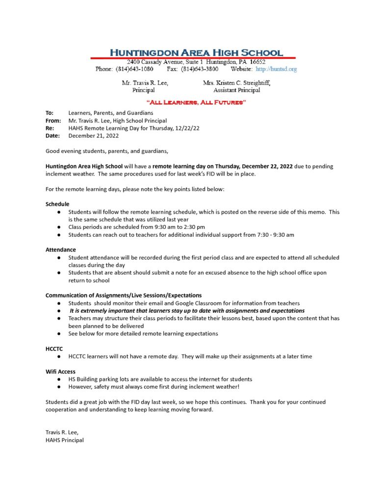 thumbnail of HAHS School Update Memo_ Remote Learning for 12_22_22