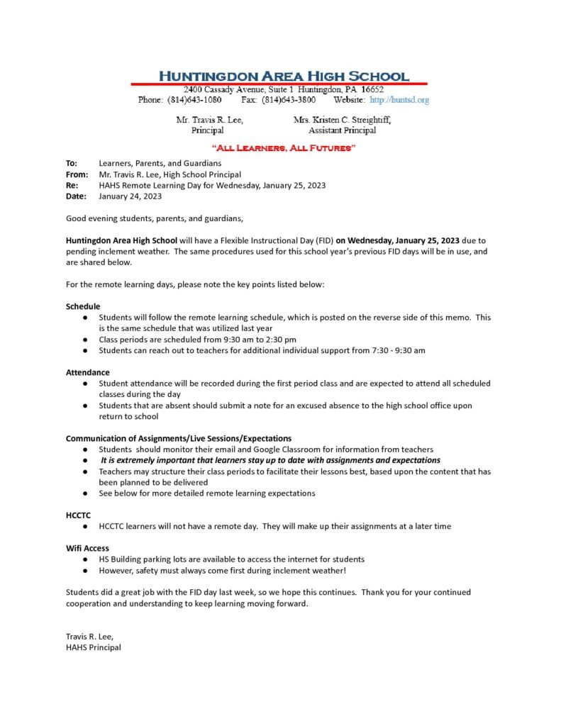 thumbnail of HAHS School Update Memo_ Remote Learning for 1_25_23