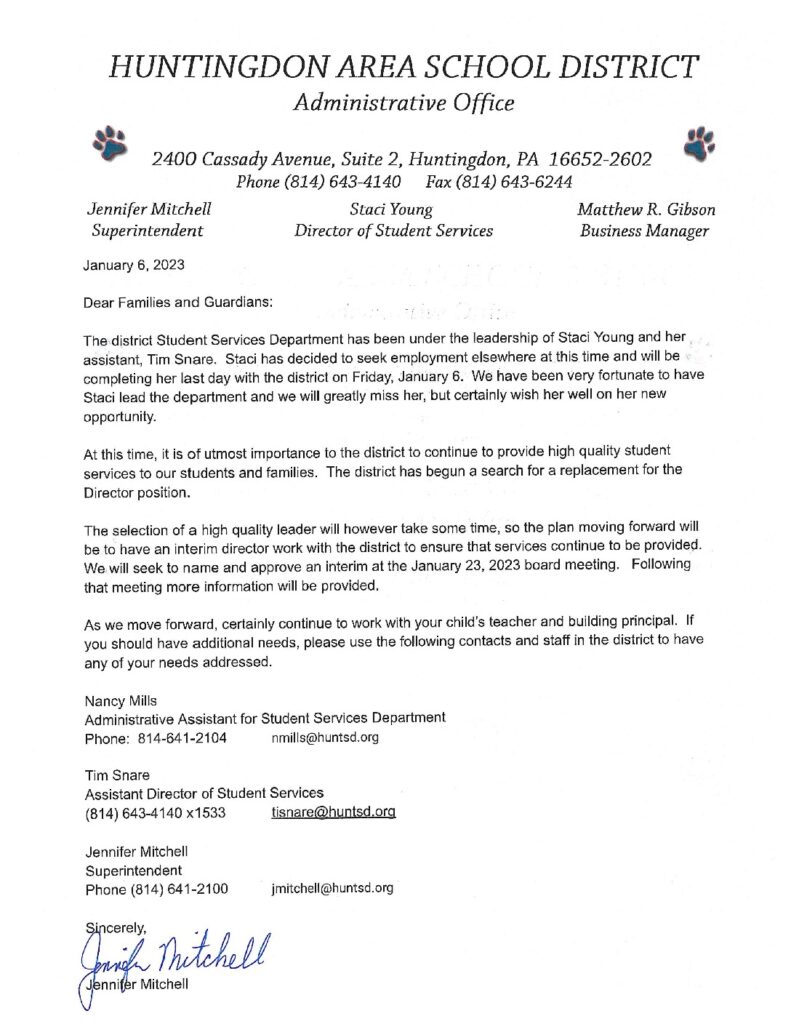thumbnail of Letter regarding Student Services Director