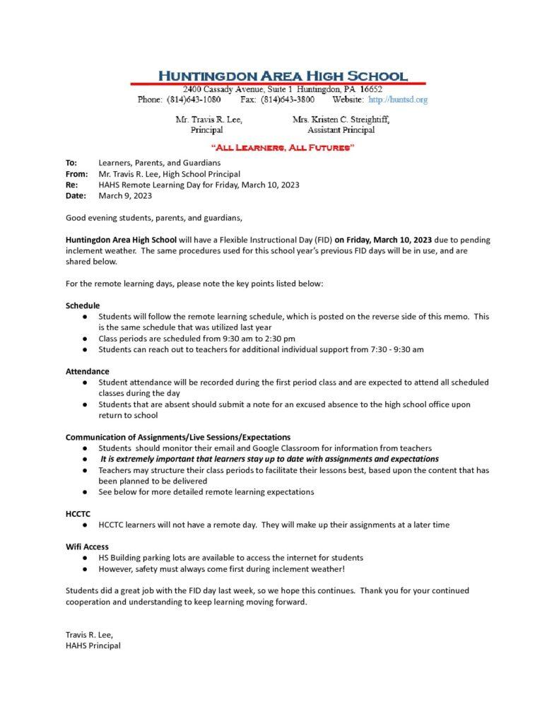 thumbnail of HAHS School Update Memo_ Remote Learning for 3_10_23