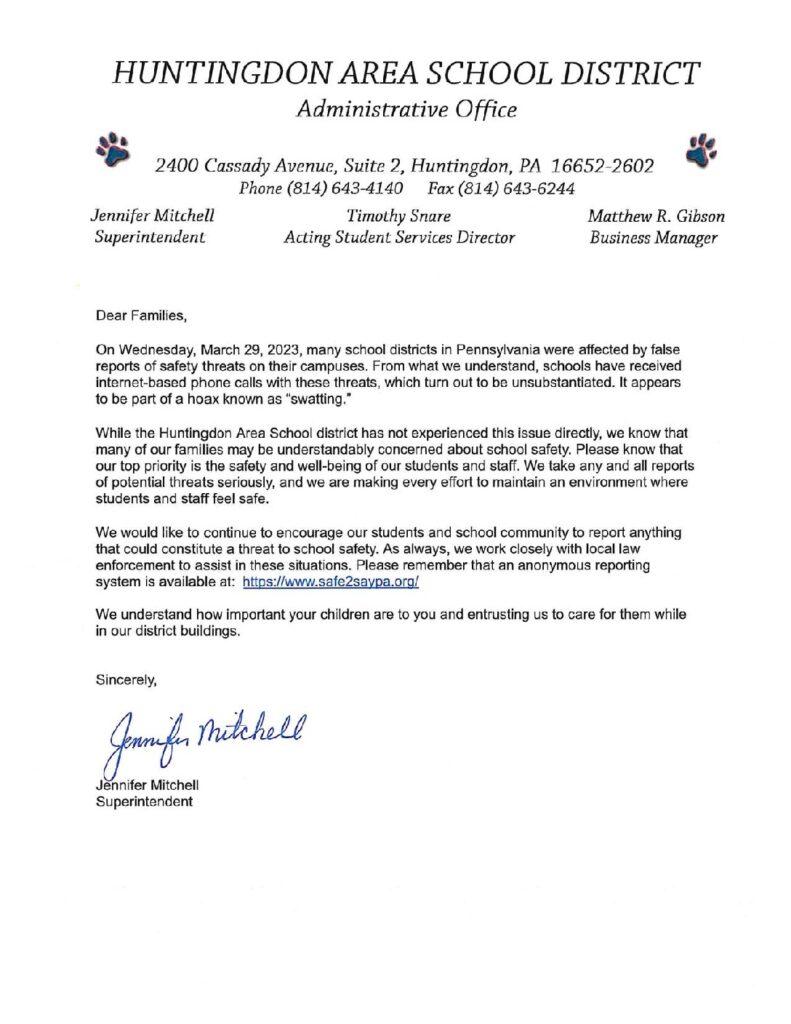 thumbnail of Letter regarding Campus Safety from the Superintendent