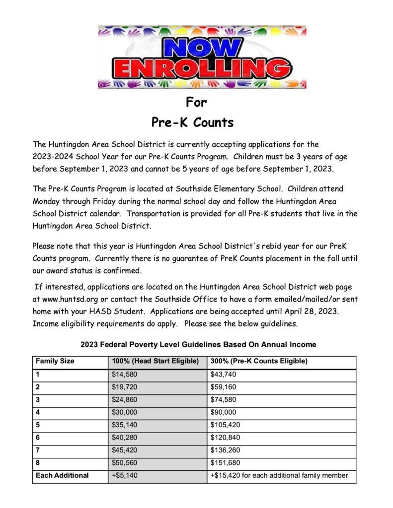20232024 PreK Counts Information Huntingdon Area School District