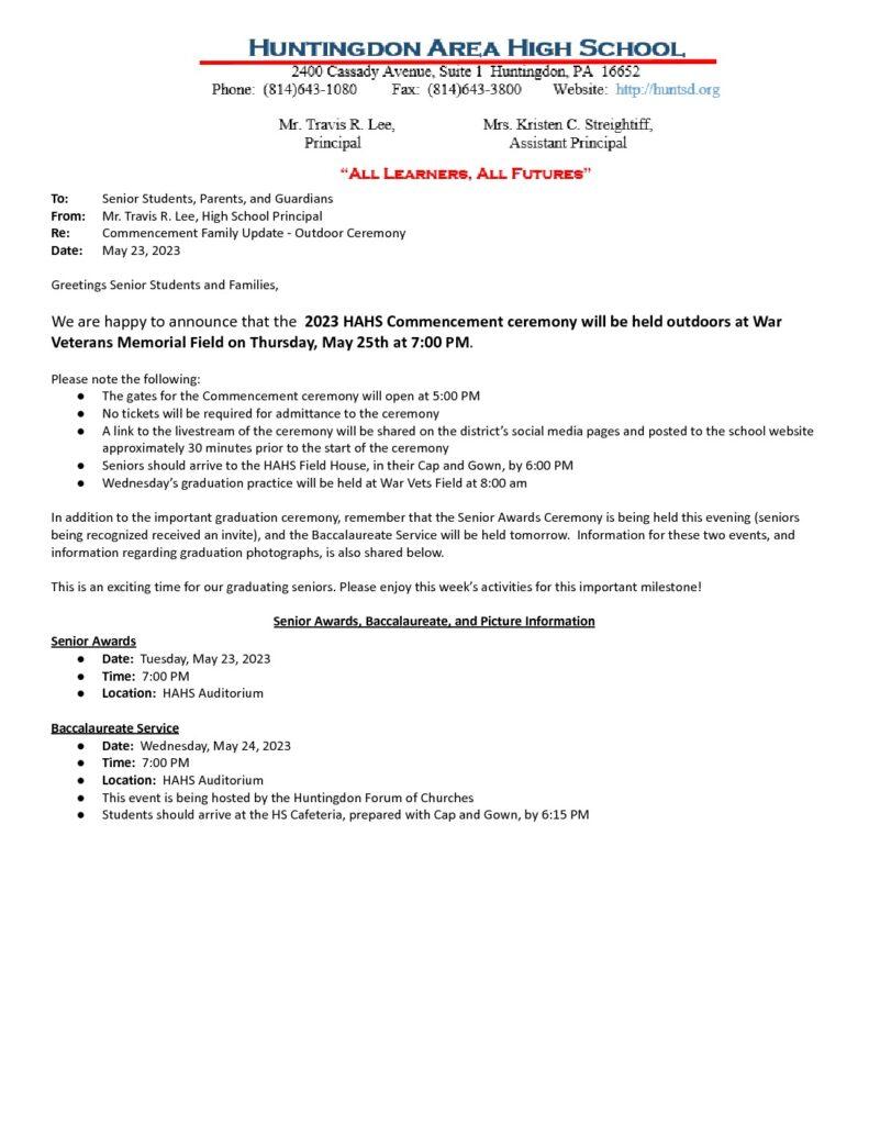 thumbnail of Senior Activities and Commencement Update – Outdoor Ceremony for the Class of 2023