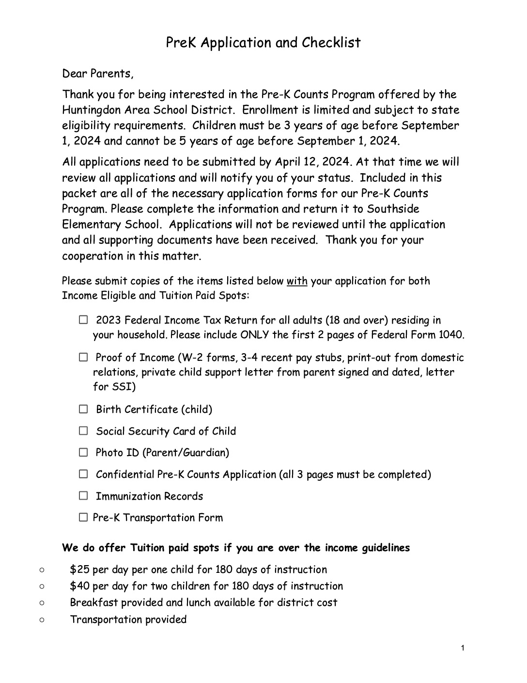 2024 PreK Counts Enrollment Form Huntingdon Area School District