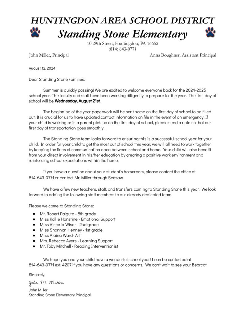 thumbnail of Parent Back to School Letter Standing Stone Elementary