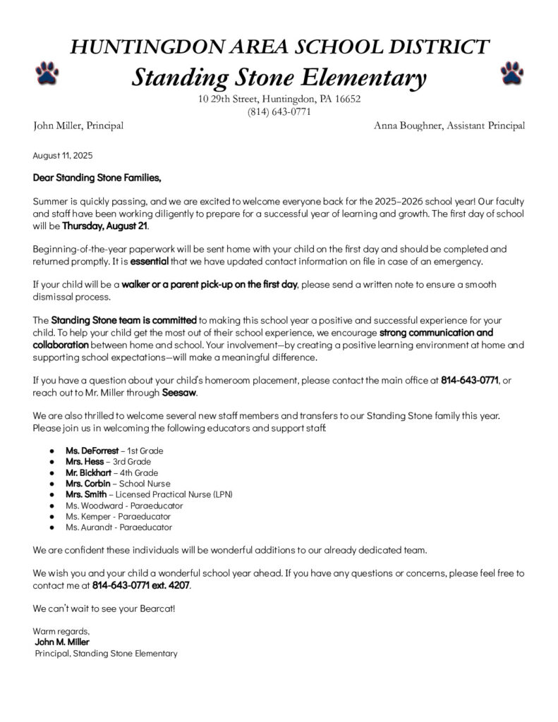 thumbnail of Parent Back to School Letter Standing Stone Elementary 25 – 26