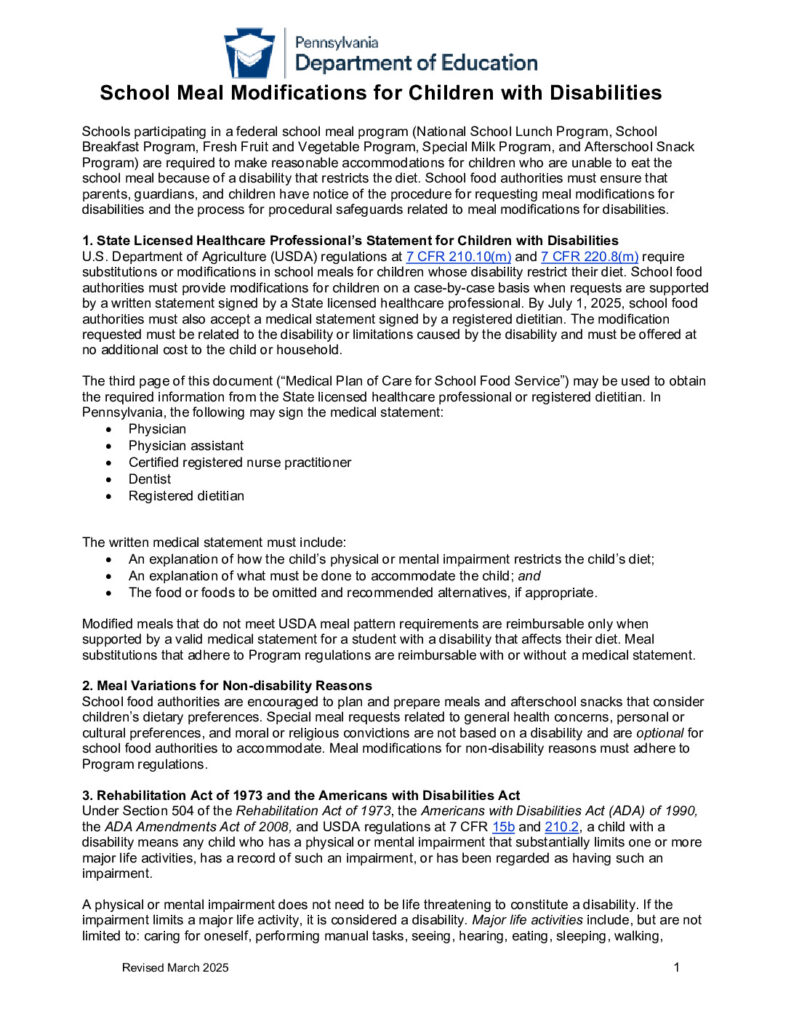 thumbnail of School Meal Modifications for Children with Disabilities