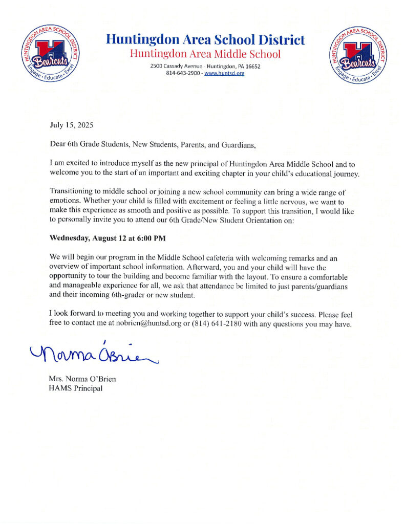 thumbnail of 6th Grade and New Student Orientation Letter