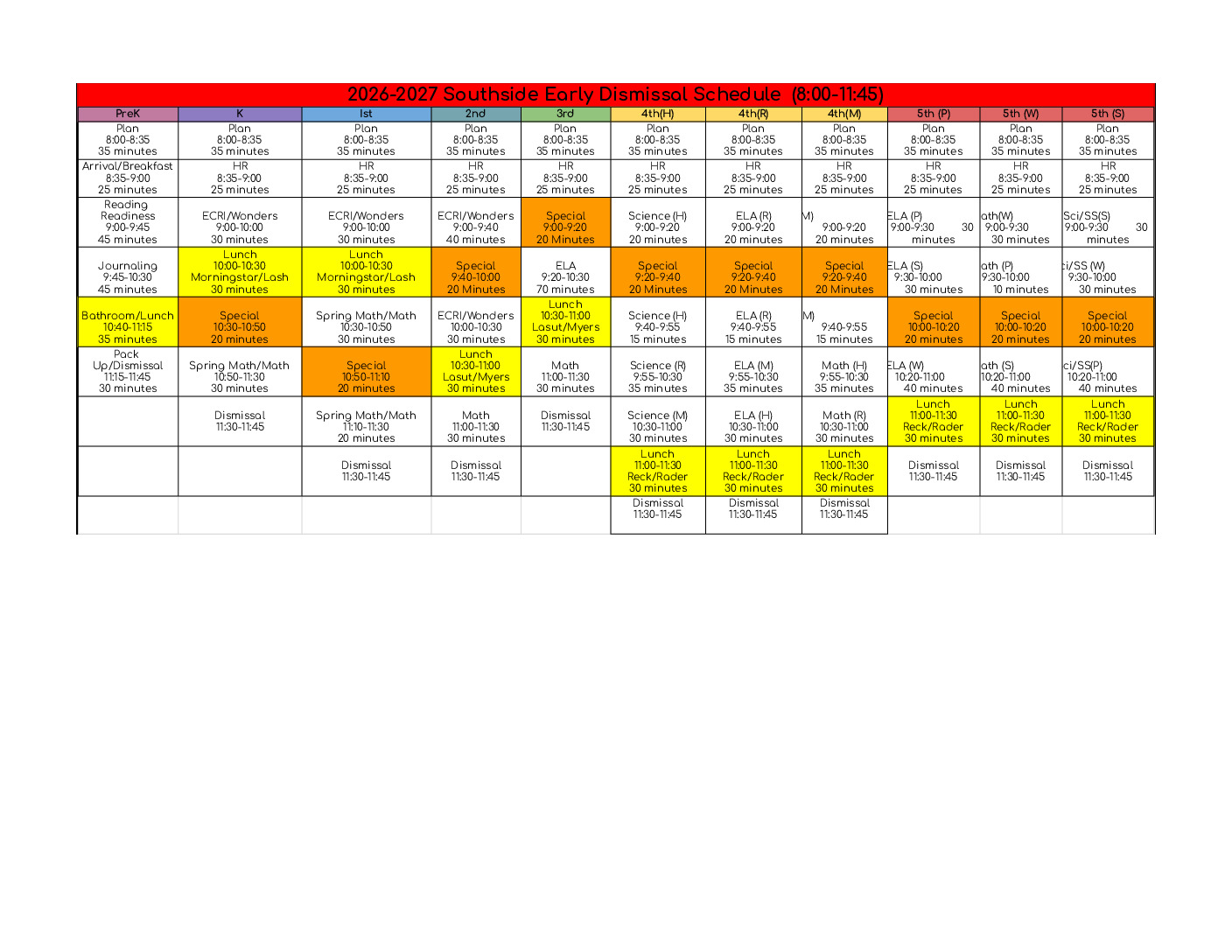 thumbnail of 2026-2027 Southside Early Dismissal Schedule – Sheet1